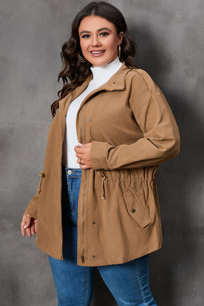 Plus Size Zipper and Snap Down Drawstring Jacket   