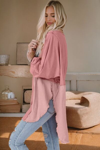 Contrast Texture Round Neck Long Sleeve Blouse   