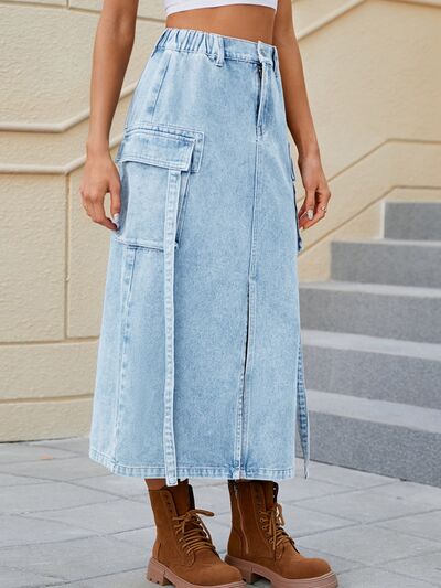 Slit Pocketed High Waist Denim Skirt   