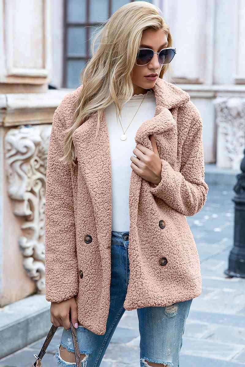 Full Size Lapel Collar Sherpa Coat Dusty Pink S 