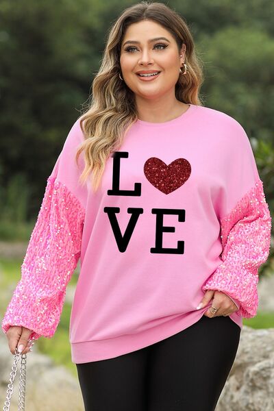 Plus Size LOVE Sequin Round Neck Sweatshirt Carnation Pink 1XL 