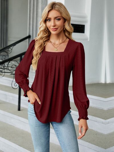 Ruched Square Neck Lantern Sleeve Blouse   