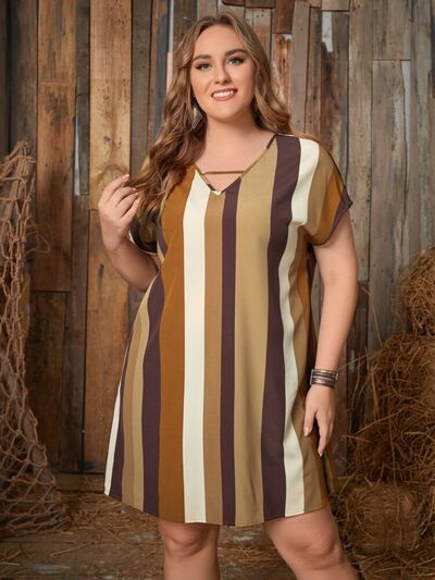 Plus Size Striped Short Sleeve Mini Dress Tan XL 