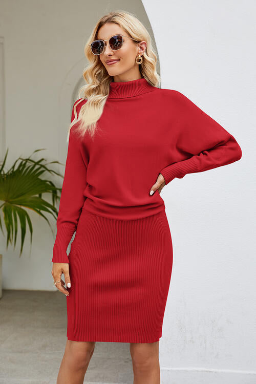 Ribbed Mock Neck Long Sleeve Dress Red S 