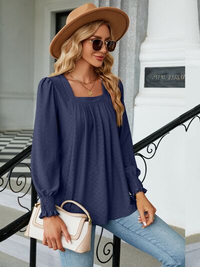 Ruched Square Neck Lantern Sleeve Blouse Dusty  Blue S 