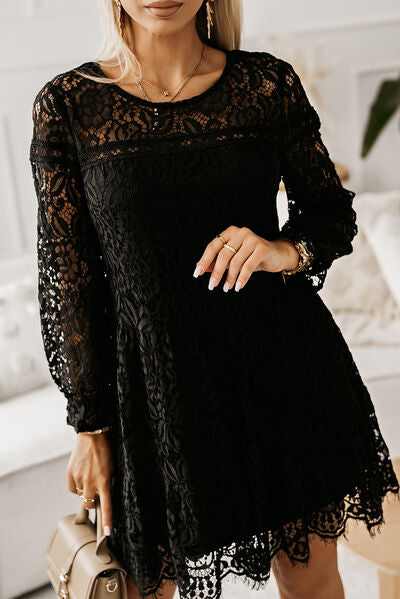 Lace Detail Round Neck Mini Dress Black S 