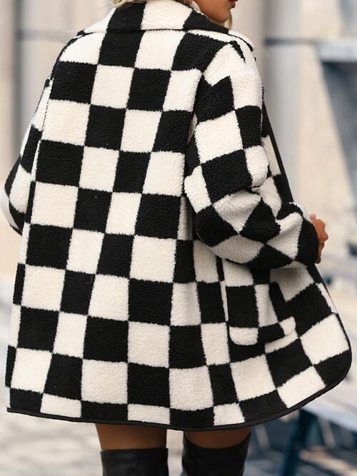 Double Take Full Size Checkered Button Front Coat with Pockets   