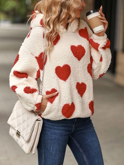 Fuzzy Heart Pocketed Dropped Shoulder Hoodie   