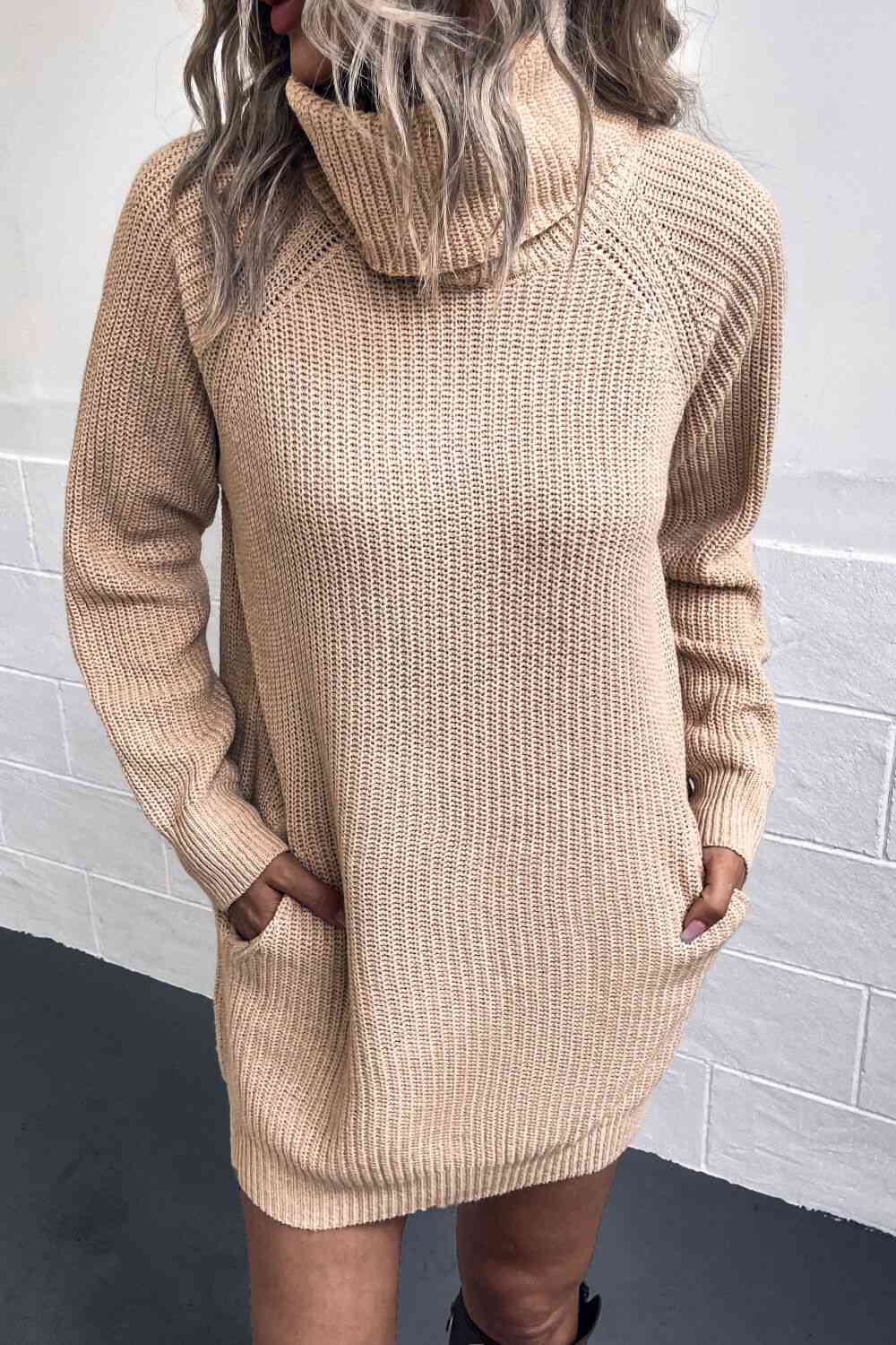 Turtleneck Sweater Dress with Pockets Sand S 
