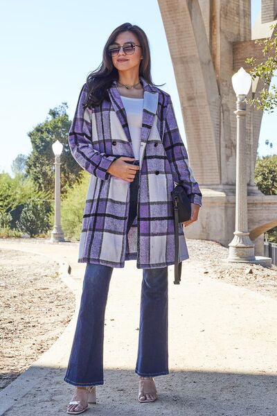 Double Take Full Size Plaid Button Up Lapel Collar Coat Violet S 