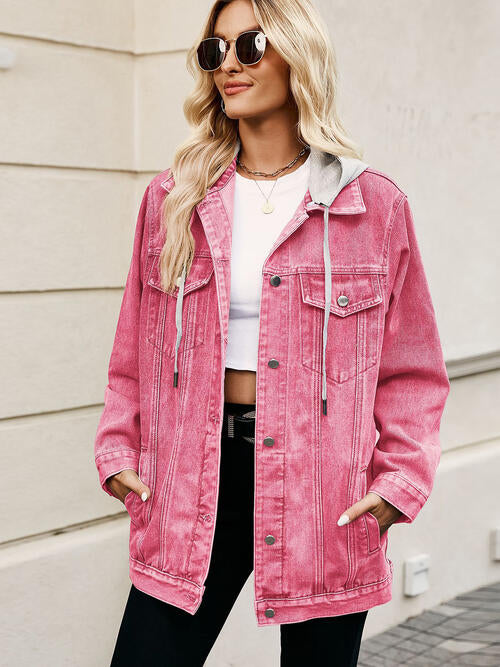 Drawstring Button Up Hooded Denim Jacket Hot Pink S 