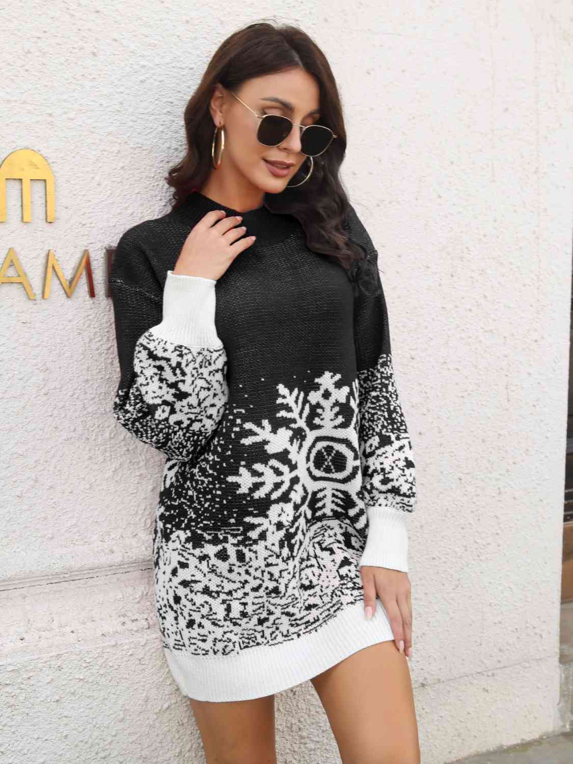Snowflake Pattern Sweater Dress Black S 