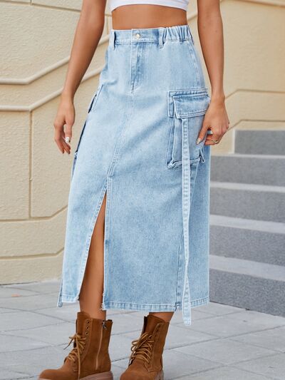 Slit Pocketed High Waist Denim Skirt   