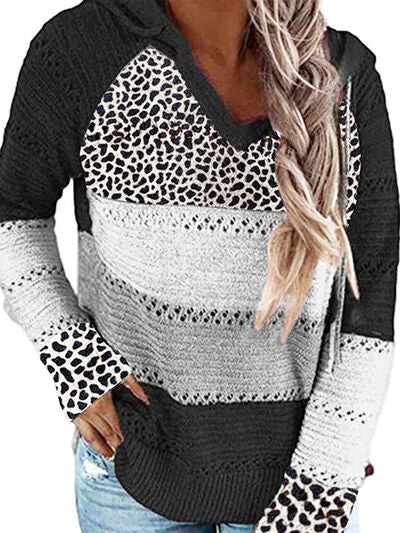 Full Size Openwork Leopard Drawstring Hooded Sweater Black S 