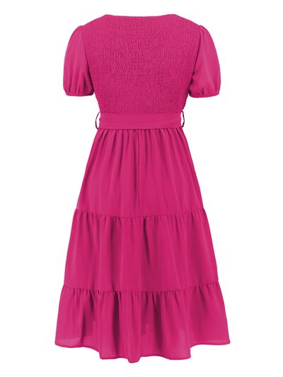 Smocked Tie Front Short Sleeve Tiered Dress   