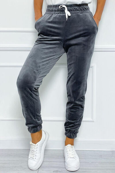 Wide Waistband Drawstring Cropped Joggers Charcoal S 