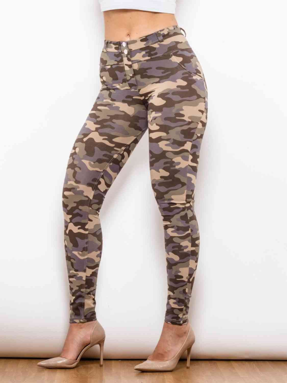 Full Size Camouflage Buttoned Leggings Khaki XS 