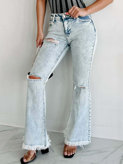 Distressed Raw Hem Flare Jeans   