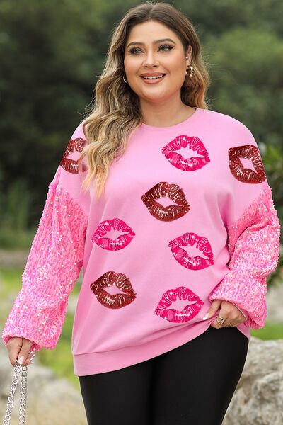 Plus Size Lip Sequin Round Neck Sweatshirt Carnation Pink 1XL 