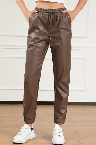 Drawstring PU Leather Pants Coffee Brown S 