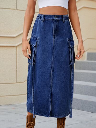 Slit Pocketed High Waist Denim Skirt Navy S 