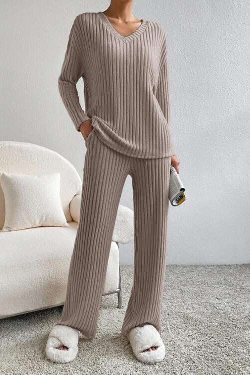 Ribbed V-Neck Top and Pants Set Camel S 