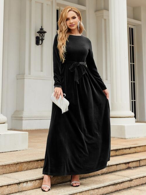 Tie Front Round Neck Long Sleeve Maxi Dress Black S 