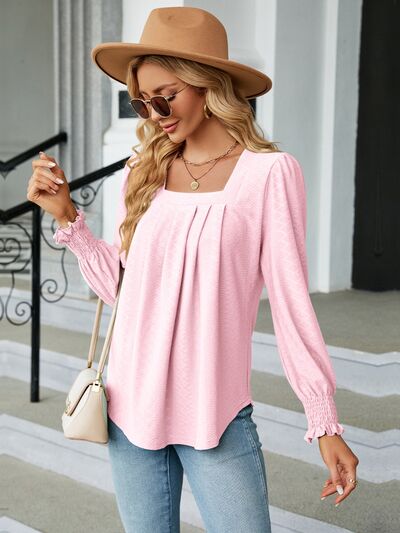 Ruched Square Neck Lantern Sleeve Blouse Blush Pink S 