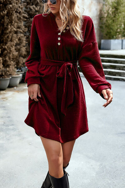Notched Tie Waist Dropped Shoulder Mini Dress Deep Red S 