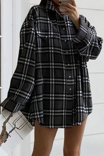 Plaid Pocketed Dropped Shoulder Shirt Charcoal S 