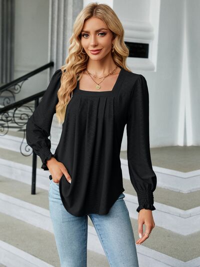 Ruched Square Neck Lantern Sleeve Blouse   