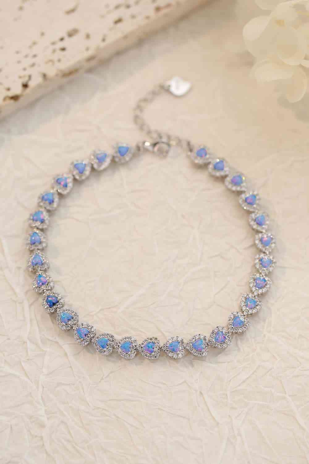 925 Sterling Silver Opal Heart Bracelet Sky Blue One Size 