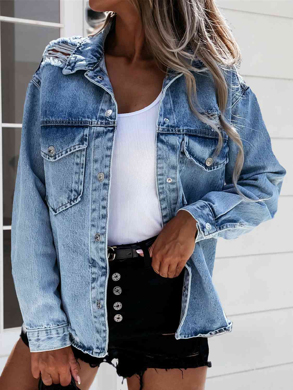 Distressed Snap Down Denim Jacket Medium S 