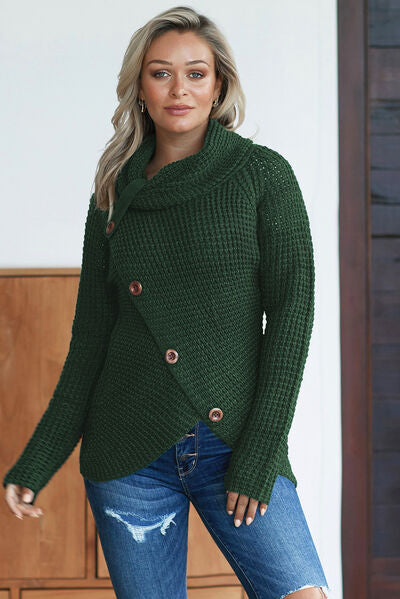 Decorative Button Mock Neck Sweater Green S 