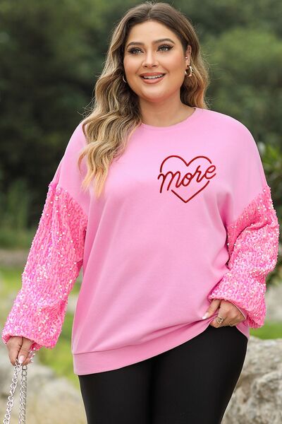 Plus Size MOVE Sequin Dropped Shoulder Sweatshirt Carnation Pink 1XL 