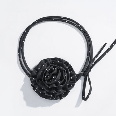Polka Dot Camellia Flower Tie Choker Necklace Black One Size 