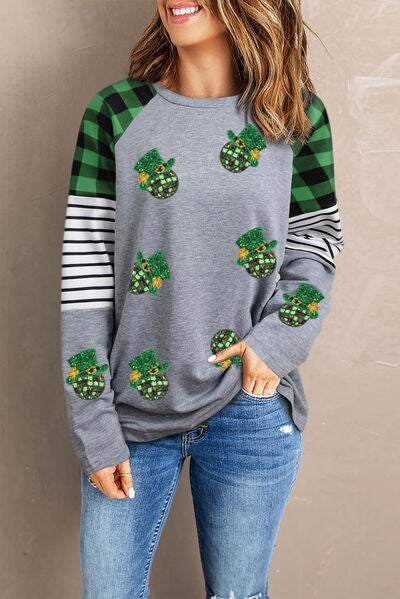 Sequin Plaid Round Neck Sweatshirt Charcoal S 