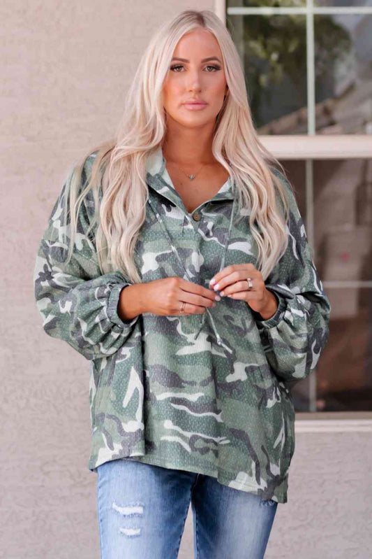 Camouflage Buttoned Dropped Shoulder Hoodie Camouflage S 