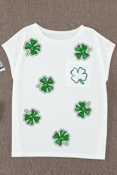 Sequin Lucky Clover Boat Neck T-Shirt   