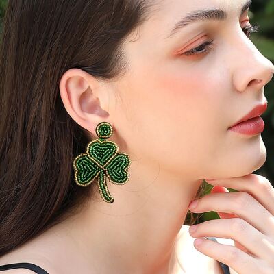 St. Patrick's Day Stainless Steel Beaded Leaf Dangle Earrings   