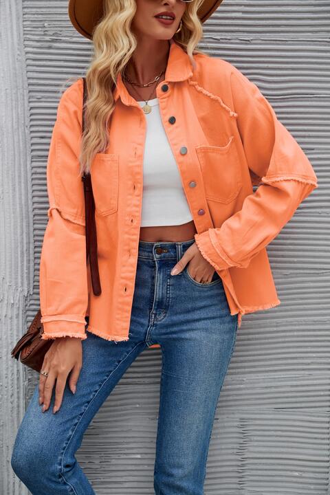 Raw Hem Collared Denim Jacket Pumpkin S 