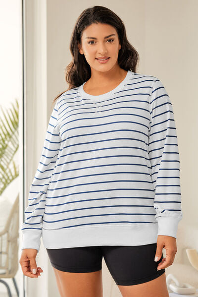 Plus Size Striped Round Neck Long Sleeve T-Shirt White 1XL 