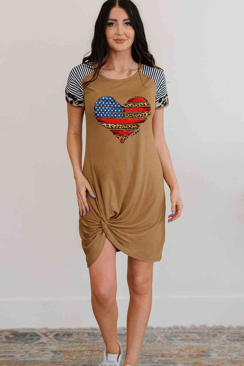 US Flag Heart Graphic Twisted Dress Camel S 