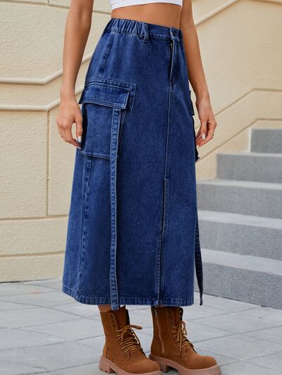 Slit Pocketed High Waist Denim Skirt   