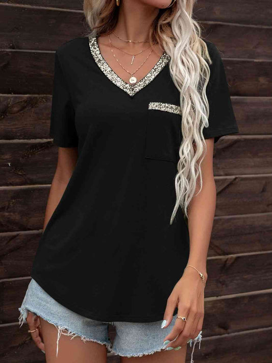 Glitter V-Neck Short Sleeve Tee Shirt   