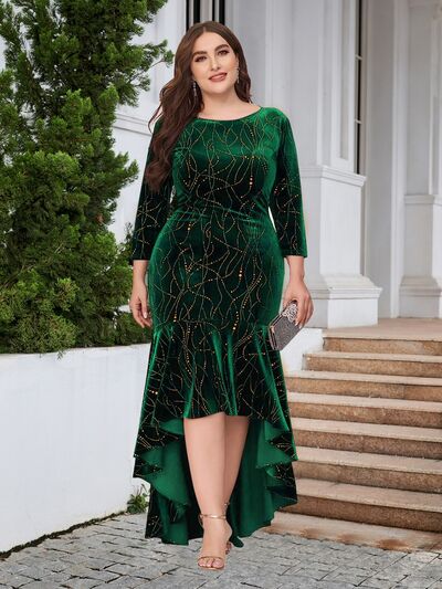 Plus Size Ruffle Hem High-Low Dress Green 1XL 