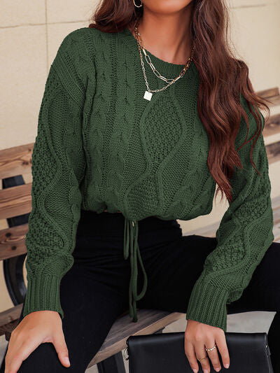Cable-Knit Round Neck Dropped Shoulder Sweater   
