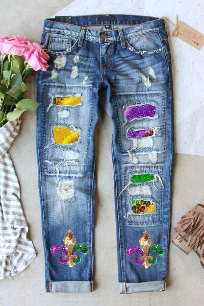 Mardi Gras Sequin Distressed Straight Jeans Medium 4 