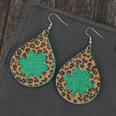 St. Patrick's Day Leopard Hollowed Leather Teardrop Earrings   