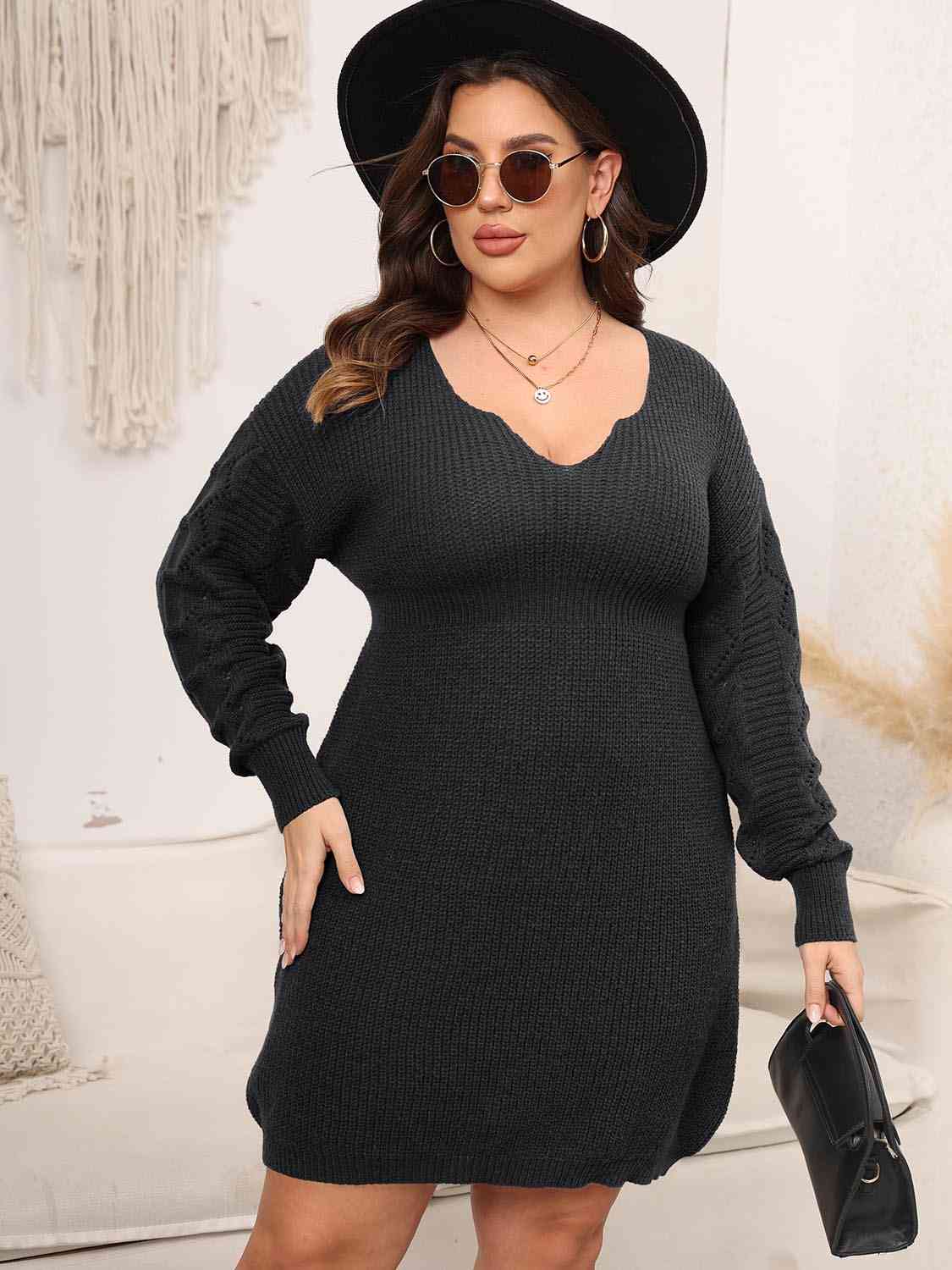 Plus Size Dropped Shoulder Long Sleeve Knit Mini Dress Black 1XL 